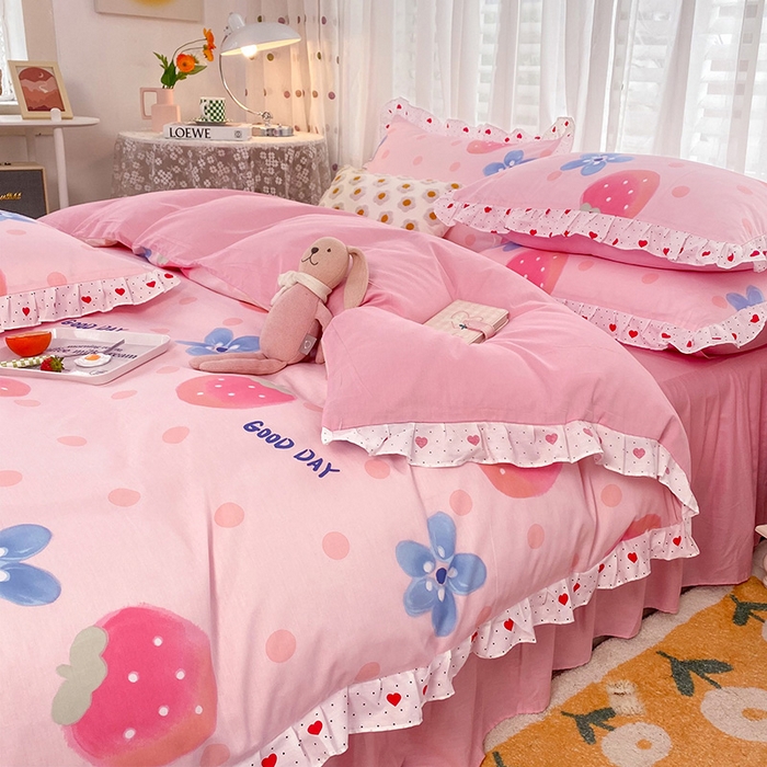 91家纺网 家纺一手货源 找家纺 玉元坊 少女心全棉公主风花边被套床单式床裙款四件套三件套 美好一天