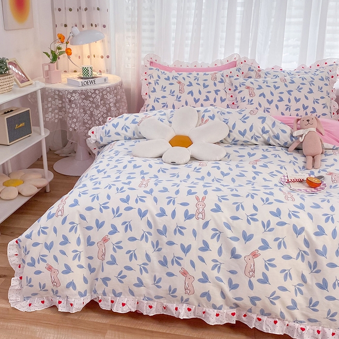 91家纺网 家纺一手货源 找家纺 玉元坊 少女心全棉公主风花边被套床单式床裙款四件套三件套 树叶兔