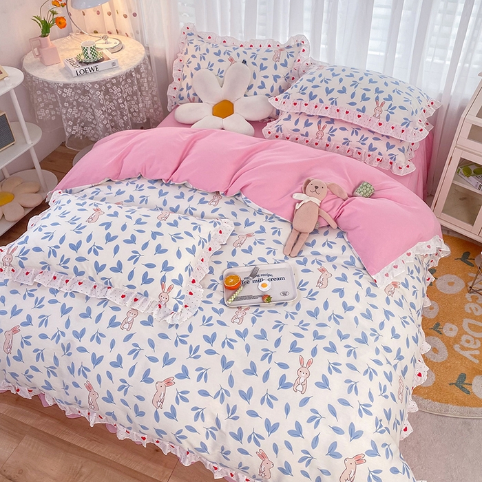 91家纺网 家纺一手货源 找家纺 玉元坊 少女心全棉公主风花边被套床单式床裙款四件套三件套 树叶兔