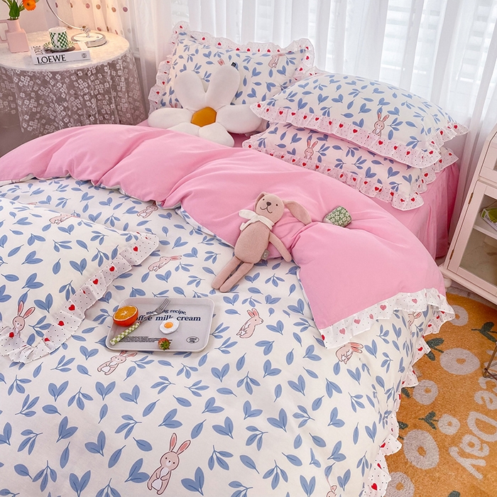 91家纺网 家纺一手货源 找家纺 玉元坊 少女心全棉公主风花边被套床单式床裙款四件套三件套 树叶兔