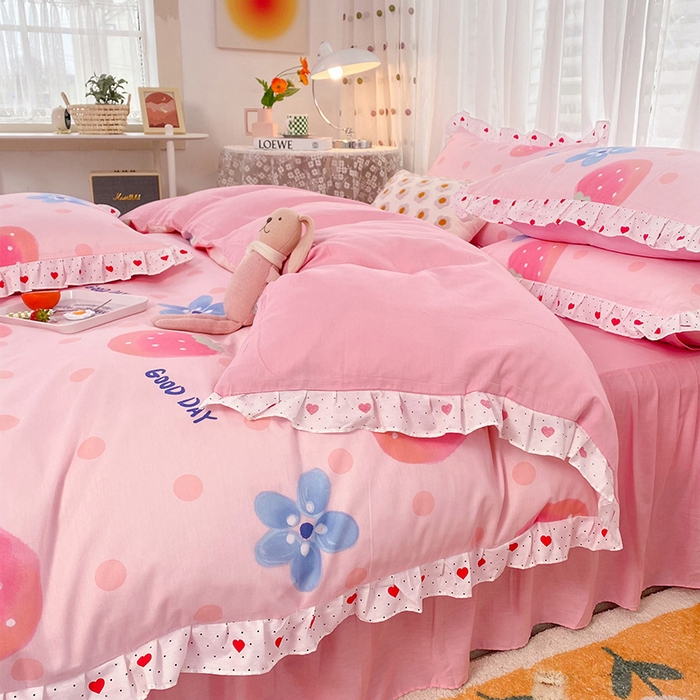 91家纺网 家纺一手货源 找家纺 玉元坊 少女心全棉公主风花边被套床单式床裙款四件套三件套 美好一天