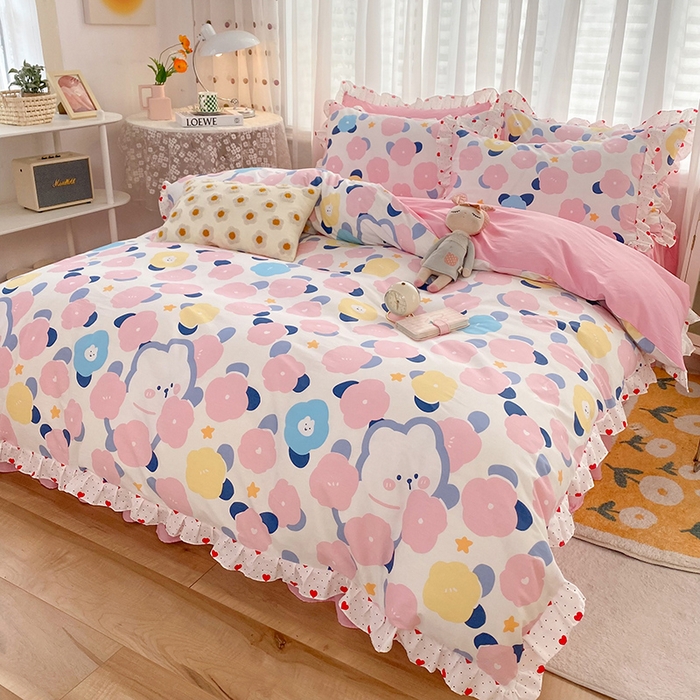 91家纺网 家纺一手货源 找家纺 玉元坊 少女心全棉公主风花边被套床单式床裙款四件套三件套 小红花