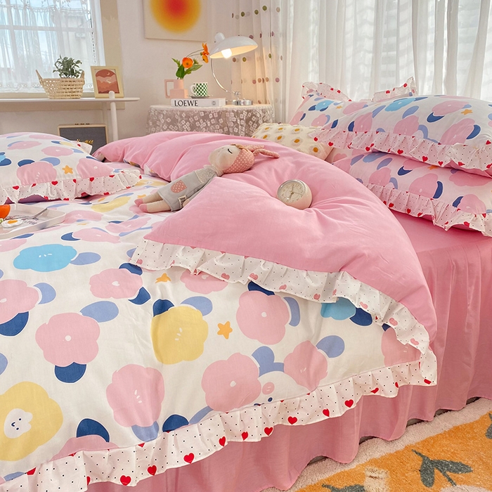 91家纺网 家纺一手货源 找家纺 玉元坊 少女心全棉公主风花边被套床单式床裙款四件套三件套 小红花