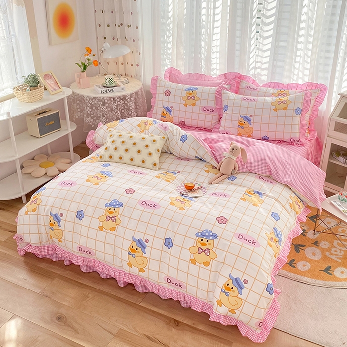 91家纺网 家纺一手货源 找家纺 玉元坊 少女心全棉公主风花边被套床单式床裙款四件套三件套 黄格小鸭