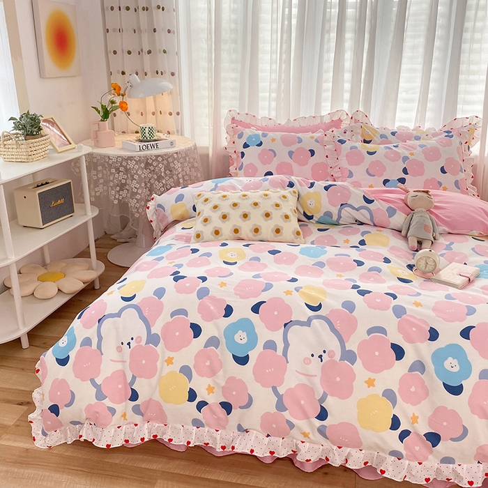 91家纺网 家纺一手货源 找家纺 玉元坊 少女心全棉公主风花边被套床单式床裙款四件套三件套 小红花