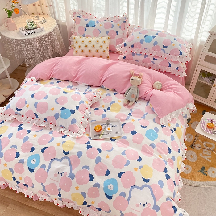 91家纺网 家纺一手货源 找家纺 玉元坊 少女心全棉公主风花边被套床单式床裙款四件套三件套 小红花