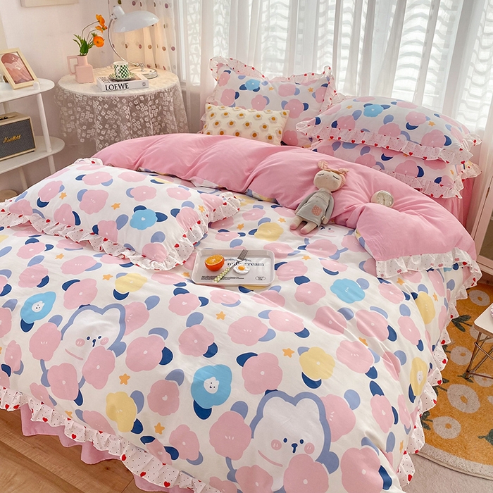 91家纺网 家纺一手货源 找家纺 玉元坊 少女心全棉公主风花边被套床单式床裙款四件套三件套 小红花