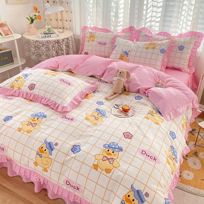 91家纺网 家纺一手货源 找家纺 玉元坊 少女心全棉公主风花边被套床单式床裙款四件套三件套 黄格小鸭