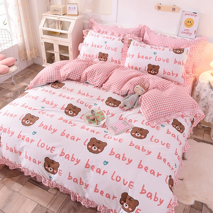 91家纺网 家纺一手货源 找家纺 玉元坊 少女心全棉公主风花边被套床单式床裙款四件套三件套 熊宝宝