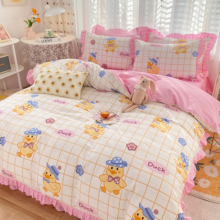 91家纺网 家纺一手货源 找家纺 玉元坊 少女心全棉公主风花边被套床单式床裙款四件套三件套 黄格小鸭