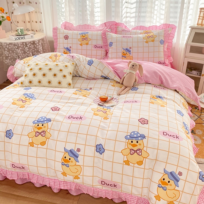 91家纺网 家纺一手货源 找家纺 玉元坊 少女心全棉公主风花边被套床单式床裙款四件套三件套 黄格小鸭