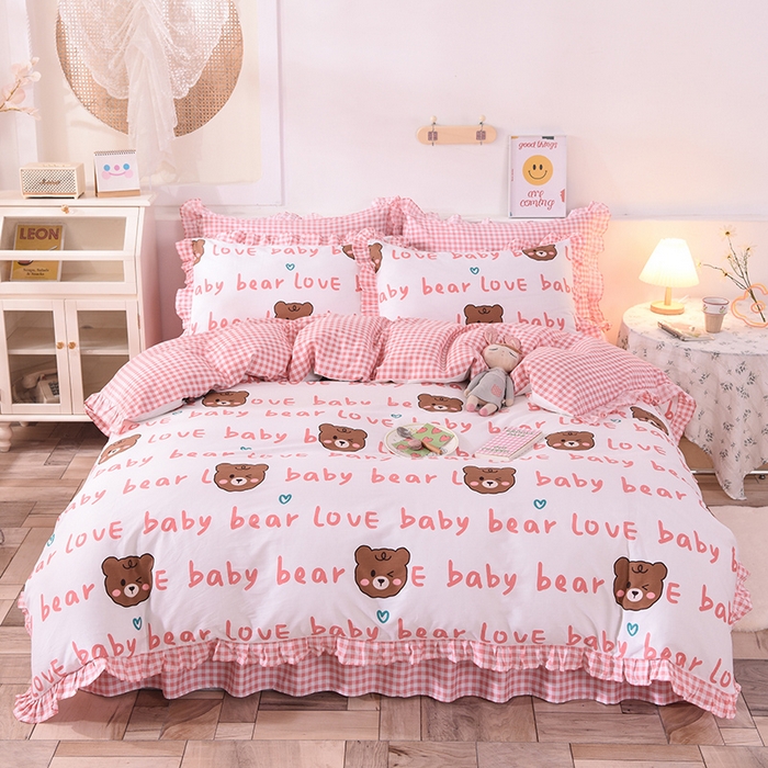 91家纺网 家纺一手货源 找家纺 玉元坊 少女心全棉公主风花边被套床单式床裙款四件套三件套 熊宝宝