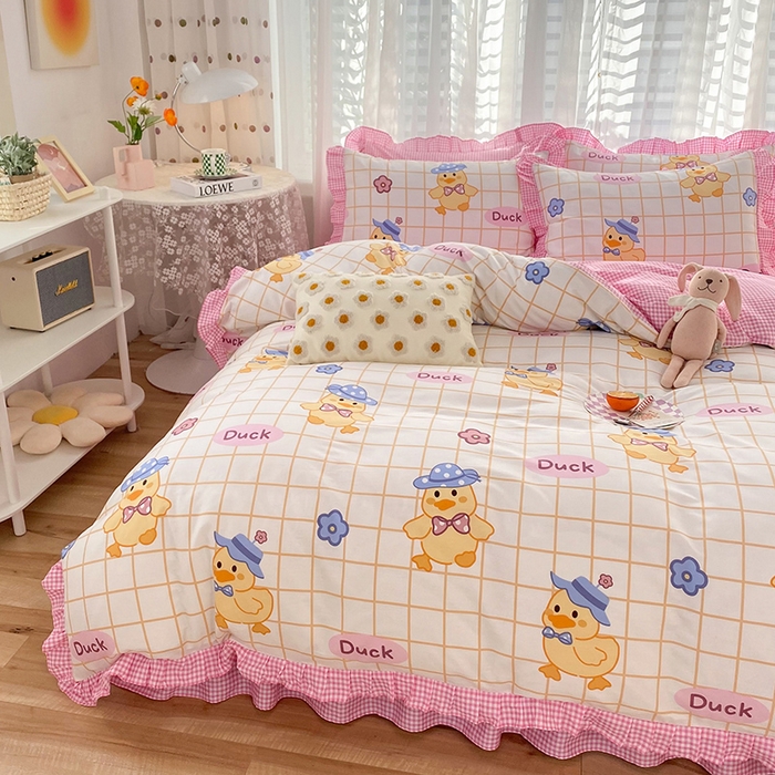 91家纺网 家纺一手货源 找家纺 玉元坊 少女心全棉公主风花边被套床单式床裙款四件套三件套 黄格小鸭