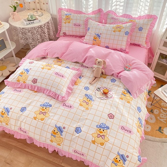 91家纺网 家纺一手货源 找家纺 玉元坊 少女心全棉公主风花边被套床单式床裙款四件套三件套 黄格小鸭