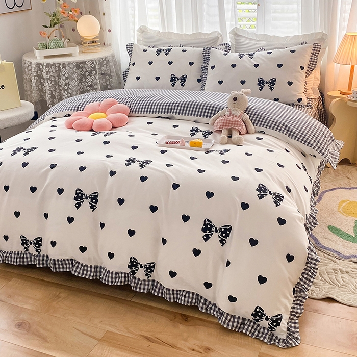 91家纺网 家纺一手货源 找家纺 玉元坊 少女心全棉公主风花边被套床单式床裙款四件套三件套 蝴蝶结爱心