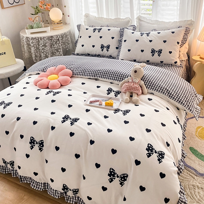 91家纺网 家纺一手货源 找家纺 玉元坊 少女心全棉公主风花边被套床单式床裙款四件套三件套 蝴蝶结爱心