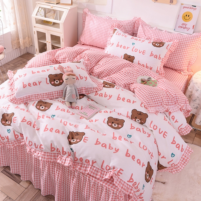 91家纺网 家纺一手货源 找家纺 玉元坊 少女心全棉公主风花边被套床单式床裙款四件套三件套 熊宝宝