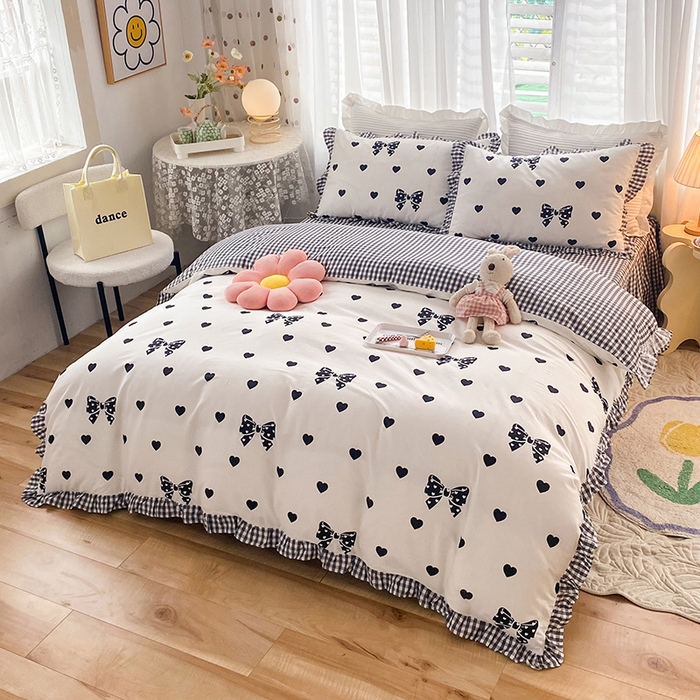 91家纺网 家纺一手货源 找家纺 玉元坊 少女心全棉公主风花边被套床单式床裙款四件套三件套 蝴蝶结爱心