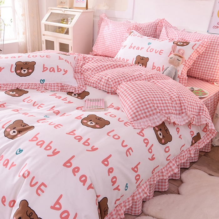 91家纺网 家纺一手货源 找家纺 玉元坊 少女心全棉公主风花边被套床单式床裙款四件套三件套 熊宝宝