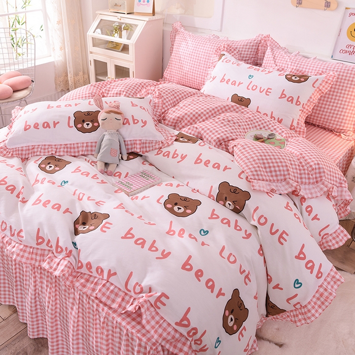 91家纺网 家纺一手货源 找家纺 玉元坊 少女心全棉公主风花边被套床单式床裙款四件套三件套 熊宝宝