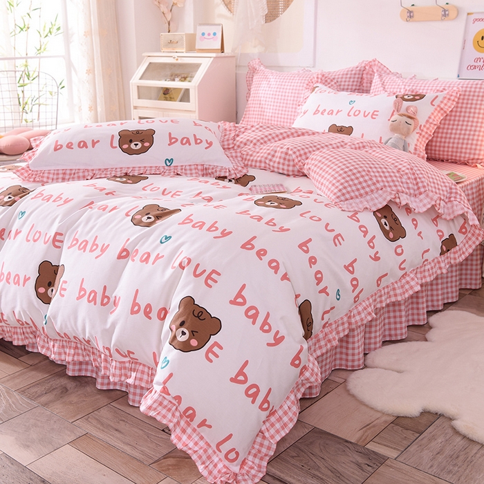 91家纺网 家纺一手货源 找家纺 玉元坊 少女心全棉公主风花边被套床单式床裙款四件套三件套 熊宝宝