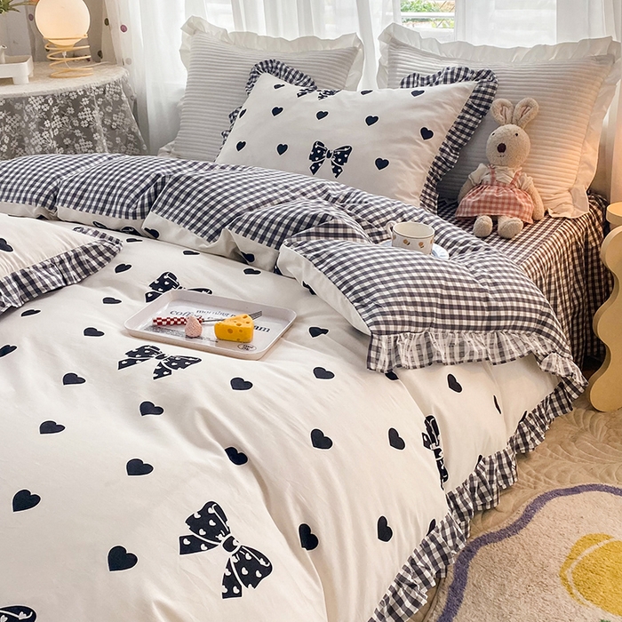 91家纺网 家纺一手货源 找家纺 玉元坊 少女心全棉公主风花边被套床单式床裙款四件套三件套 蝴蝶结爱心