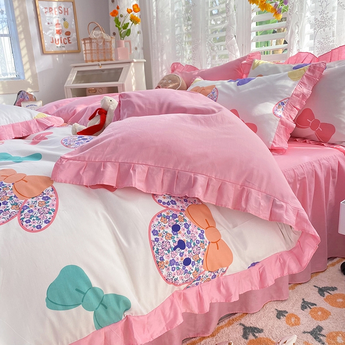 91家纺网 家纺一手货源 找家纺 玉元坊 少女心全棉公主风花边被套床单式床裙款四件套三件套 蝴蝶结