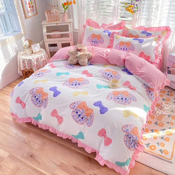 91家纺网 家纺一手货源 找家纺 玉元坊 少女心全棉公主风花边被套床单式床裙款四件套三件套 蝴蝶结