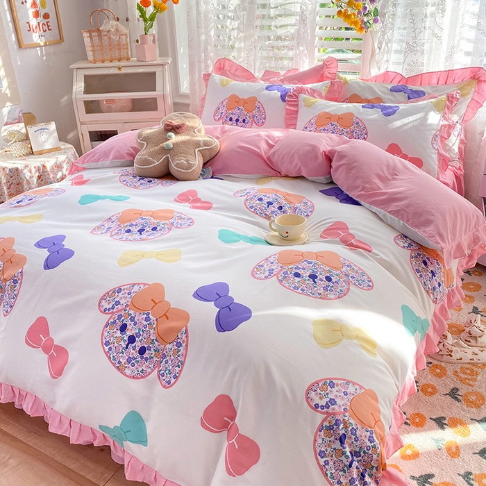 91家纺网 家纺一手货源 找家纺 玉元坊 少女心全棉公主风花边被套床单式床裙款四件套三件套 蝴蝶结