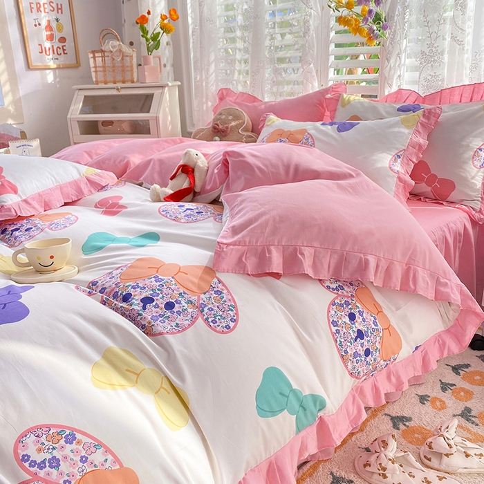 91家纺网 家纺一手货源 找家纺 玉元坊 少女心全棉公主风花边被套床单式床裙款四件套三件套 蝴蝶结