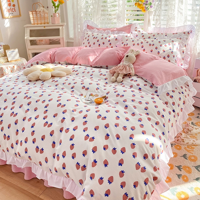 91家纺网 家纺一手货源 找家纺 玉元坊 少女心全棉公主风花边被套床单式床裙款四件套三件套 草莓糖