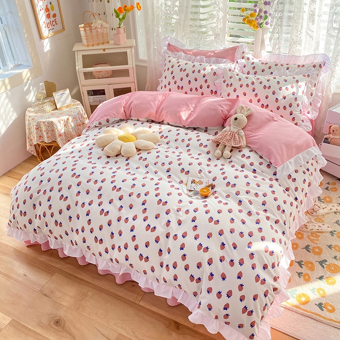 91家纺网 家纺一手货源 找家纺 玉元坊 少女心全棉公主风花边被套床单式床裙款四件套三件套 草莓糖