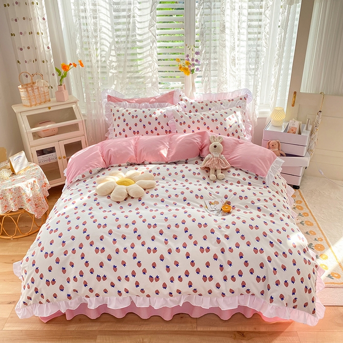 91家纺网 家纺一手货源 找家纺 玉元坊 少女心全棉公主风花边被套床单式床裙款四件套三件套 草莓糖
