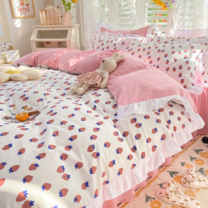 91家纺网 家纺一手货源 找家纺 玉元坊 少女心全棉公主风花边被套床单式床裙款四件套三件套 草莓糖