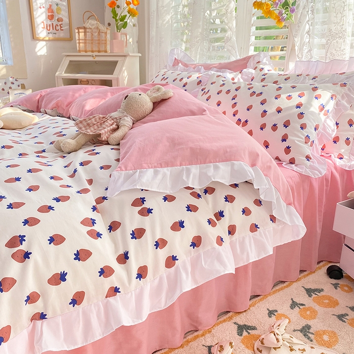 91家纺网 家纺一手货源 找家纺 玉元坊 少女心全棉公主风花边被套床单式床裙款四件套三件套 草莓糖