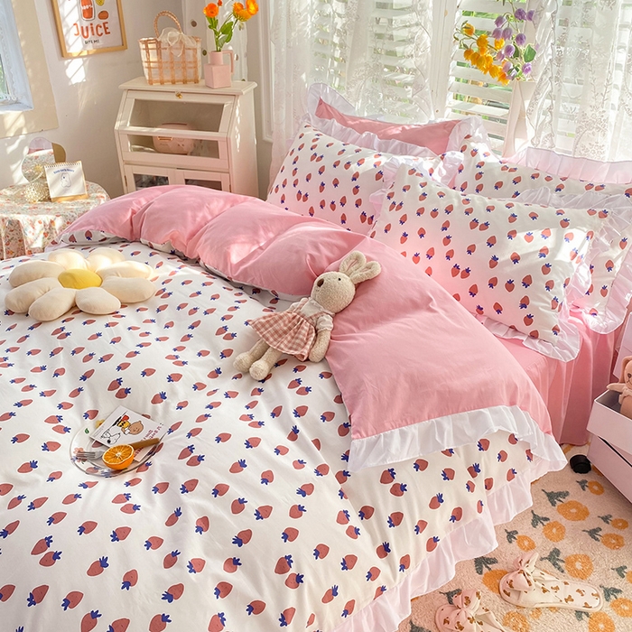 91家纺网 家纺一手货源 找家纺 玉元坊 少女心全棉公主风花边被套床单式床裙款四件套三件套 草莓糖