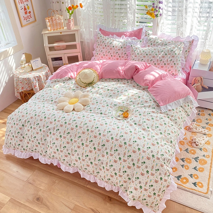 91家纺网 家纺一手货源 找家纺 玉元坊 少女心全棉公主风花边被套床单式床裙款四件套三件套 小飞象