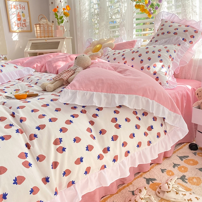 91家纺网 家纺一手货源 找家纺 玉元坊 少女心全棉公主风花边被套床单式床裙款四件套三件套 草莓糖