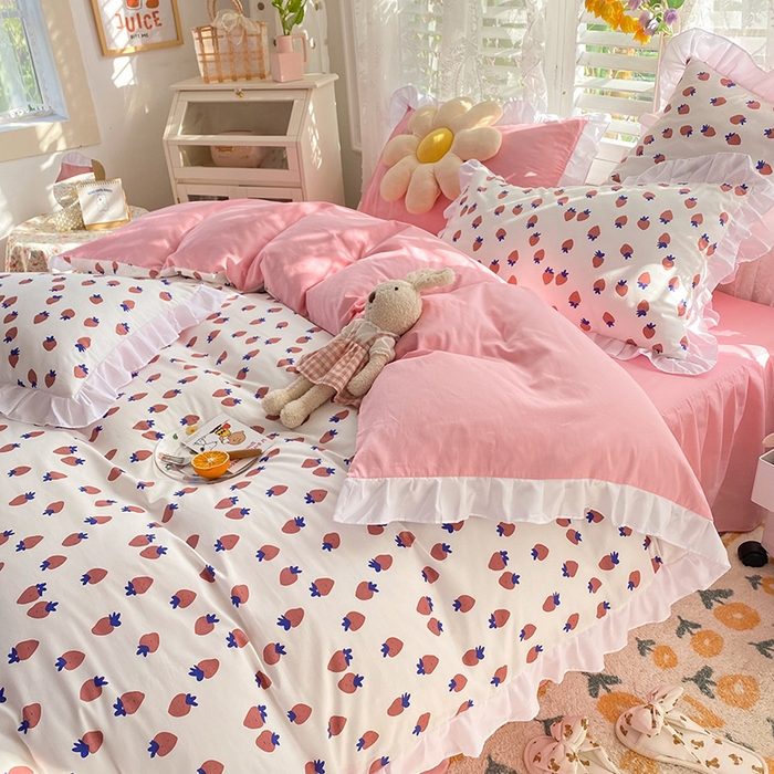 91家纺网 家纺一手货源 找家纺 玉元坊 少女心全棉公主风花边被套床单式床裙款四件套三件套 草莓糖