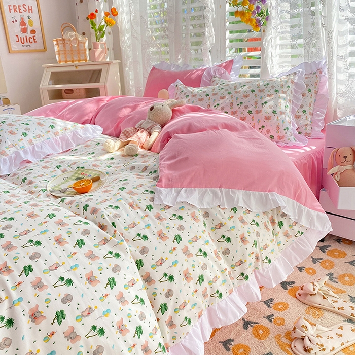 91家纺网 家纺一手货源 找家纺 玉元坊 少女心全棉公主风花边被套床单式床裙款四件套三件套 小飞象