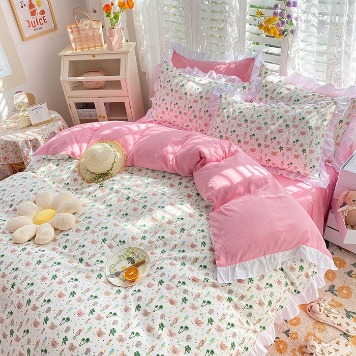 91家纺网 家纺一手货源 找家纺 玉元坊 少女心全棉公主风花边被套床单式床裙款四件套三件套 小飞象