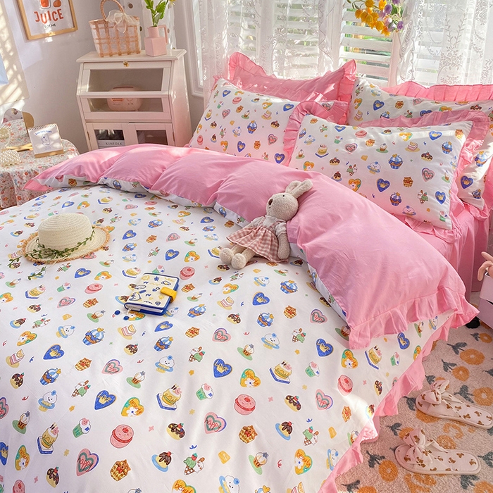 91家纺网 家纺一手货源 找家纺 玉元坊 少女心全棉公主风花边被套床单式床裙款四件套三件套 甜甜圈