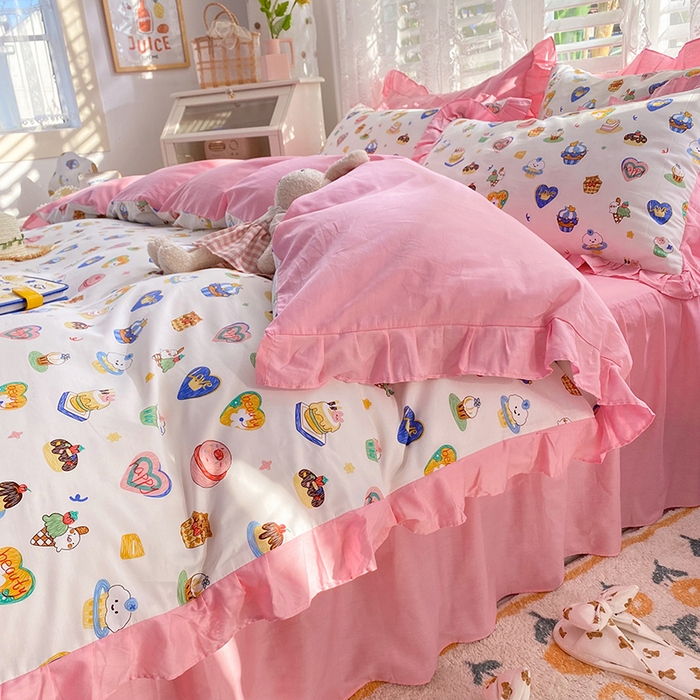 91家纺网 家纺一手货源 找家纺 玉元坊 少女心全棉公主风花边被套床单式床裙款四件套三件套 甜甜圈