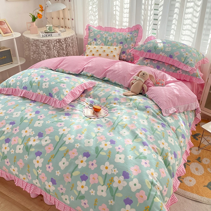 91家纺网 家纺一手货源 找家纺 玉元坊 少女心全棉公主风花边被套床单式床裙款四件套三件套 花朵朵