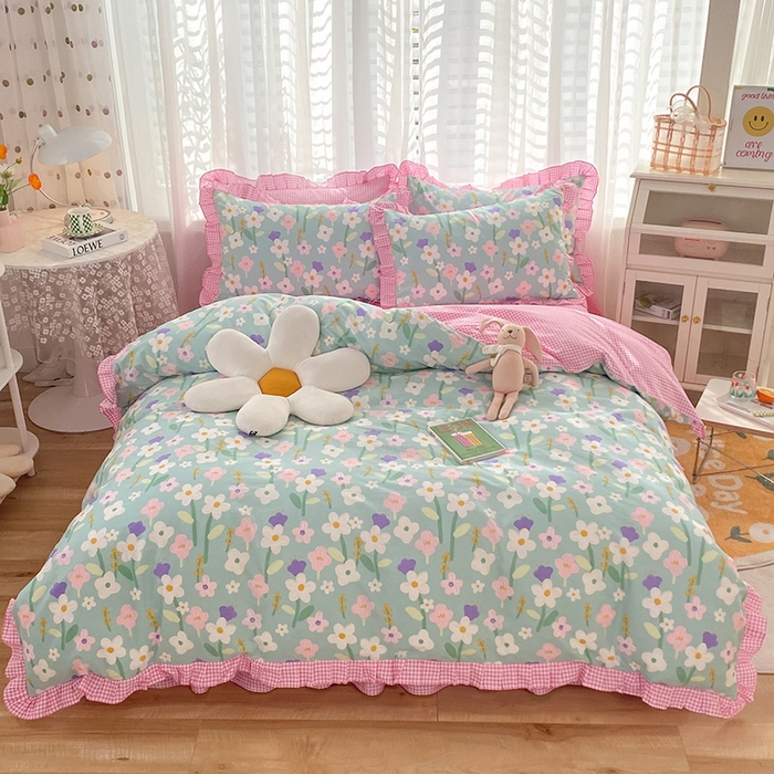 91家纺网 家纺一手货源 找家纺 玉元坊 少女心全棉公主风花边被套床单式床裙款四件套三件套 花朵朵