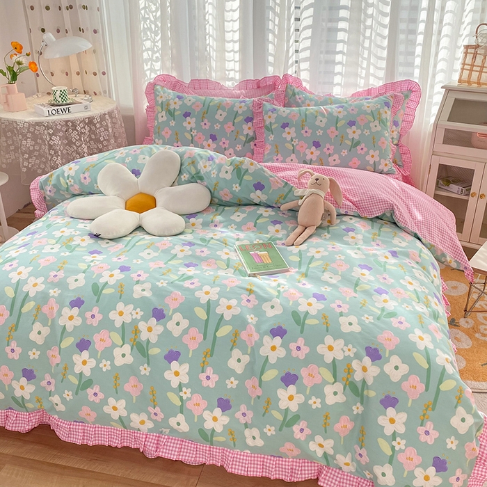 91家纺网 家纺一手货源 找家纺 玉元坊 少女心全棉公主风花边被套床单式床裙款四件套三件套 花朵朵