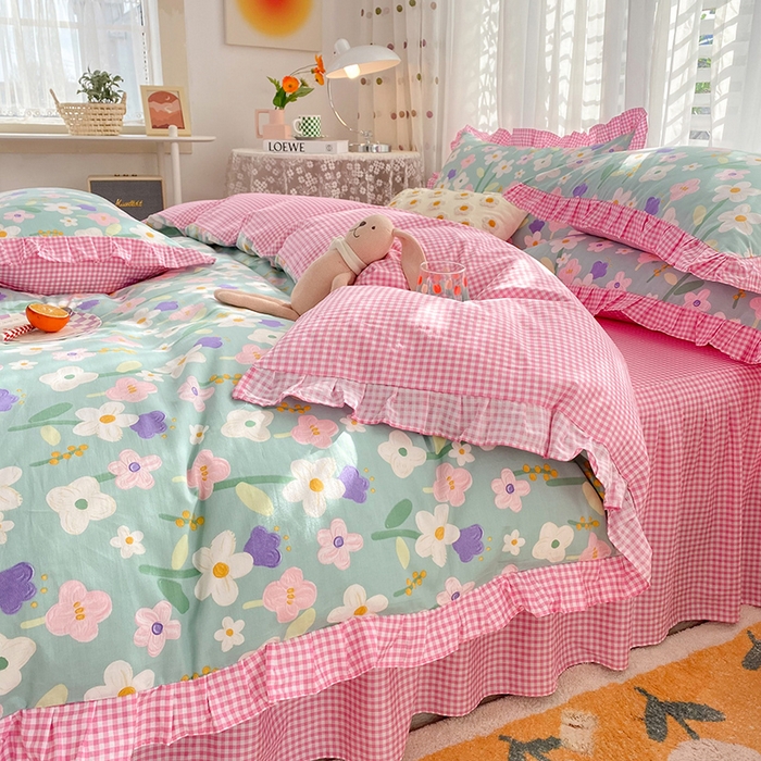 91家纺网 家纺一手货源 找家纺 玉元坊 少女心全棉公主风花边被套床单式床裙款四件套三件套 花朵朵