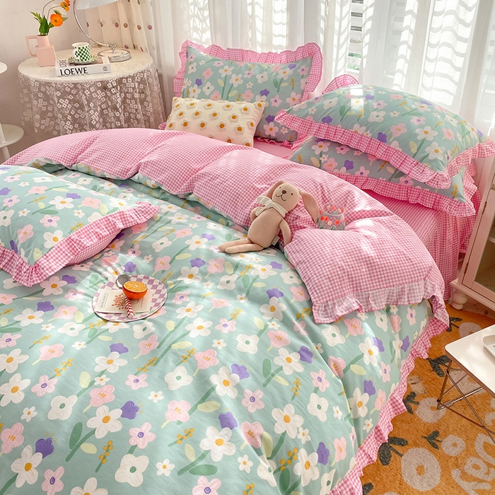 91家纺网 家纺一手货源 找家纺 玉元坊 少女心全棉公主风花边被套床单式床裙款四件套三件套 花朵朵