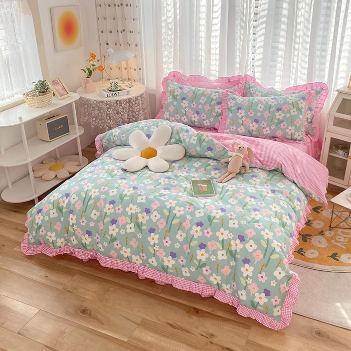 91家纺网 家纺一手货源 找家纺 玉元坊 少女心全棉公主风花边被套床单式床裙款四件套三件套 花朵朵