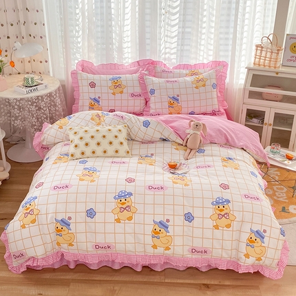 91家纺网 家纺一手货源 找家纺 玉元坊 少女心全棉公主风花边被套床单式床裙款四件套三件套 黄格小鸭